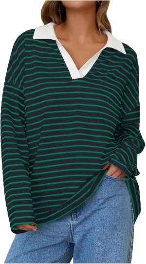 Women Fall Fashion Sweatshirts Long Sleeve V-Neck Stripe Pullover Tops Casual Oversized Fall Clothes