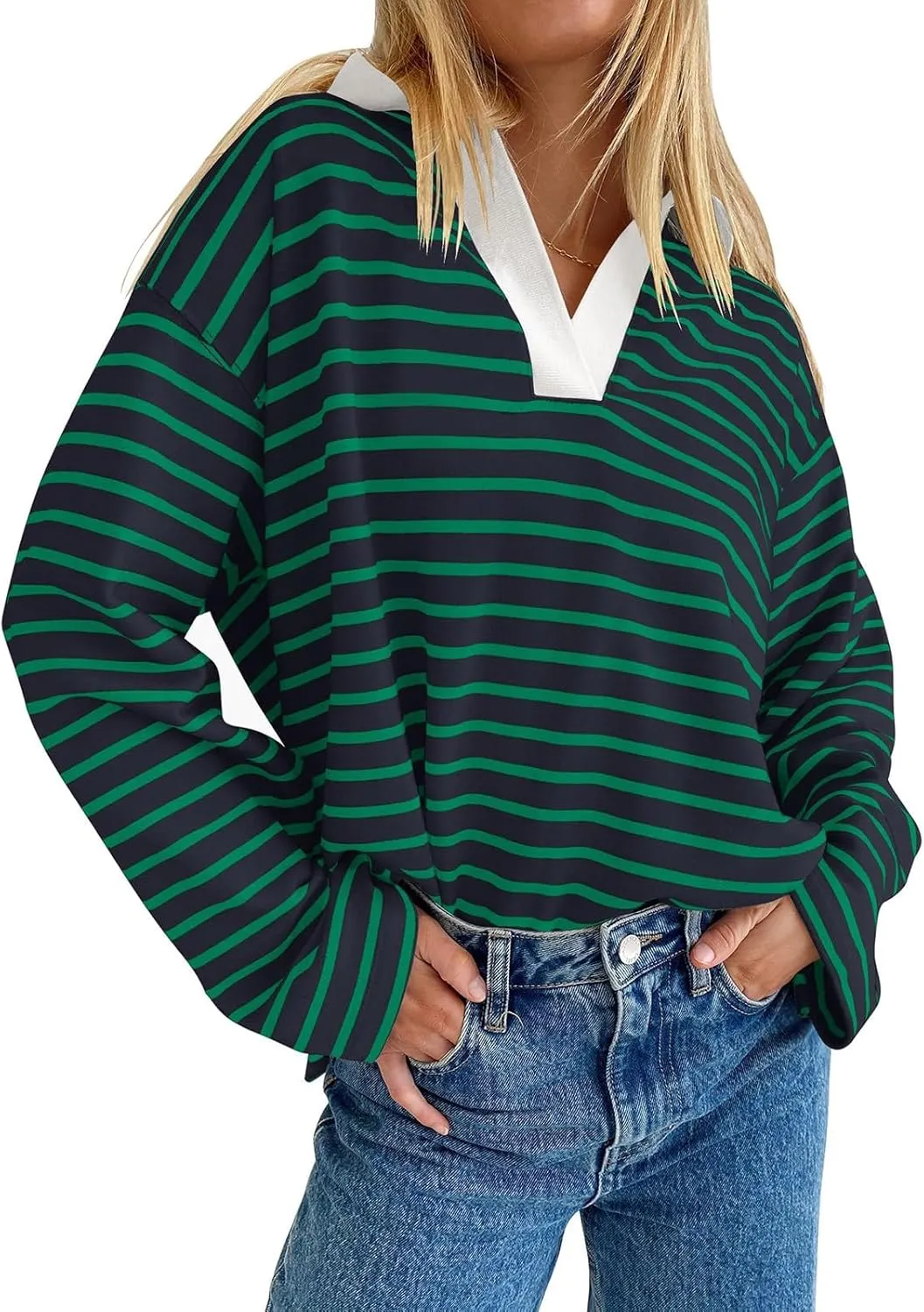 Women Fall Fashion Sweatshirts Long Sleeve V-Neck Stripe Pullover Tops Casual Oversized Fall Clothes