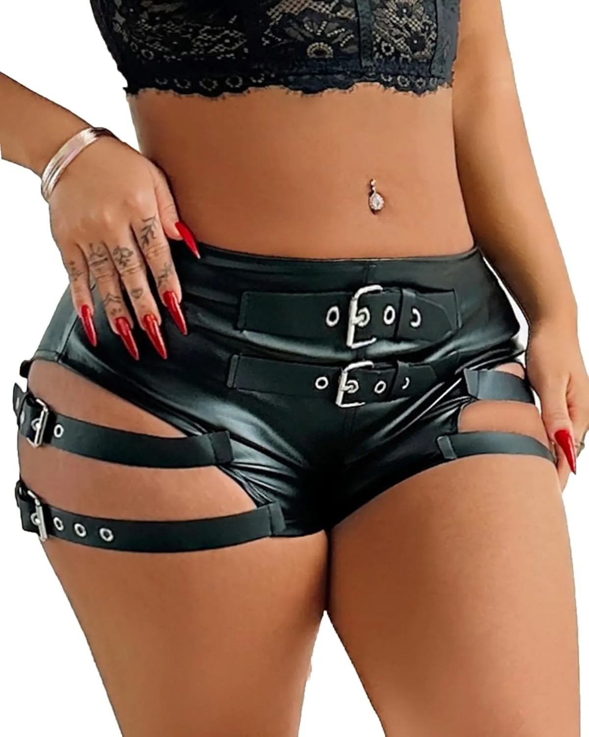 Women Faux Leather Hot Pants Shorts High Waist Slim Sexy Bandage Booty Punk Dance Club PU Leather Festival Rave Shorts
