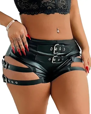 Women Faux Leather Hot Pants Shorts High Waist Slim Sexy Bandage Booty Punk Dance Club PU Leather Festival Rave Shorts