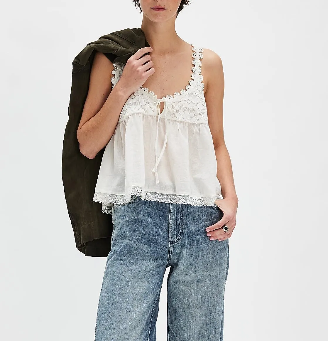 Women Lace Trim Tank Tops Y2k Tie Front Semi Sheer Crop Vest Cute Sleeveless Scoop Neck Flowy Cami Shirt