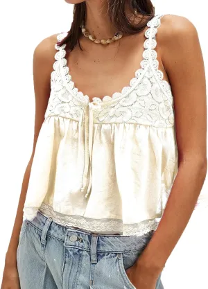 Women Lace Trim Tank Tops Y2k Tie Front Semi Sheer Crop Vest Cute Sleeveless Scoop Neck Flowy Cami Shirt