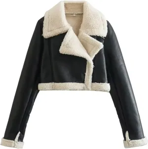 Women Leather Jacket Faux Fur Moto Jacket Thicken Fleece Lined Parka Winter Shearling Fluffy Coat Cropped Bomber Jacket