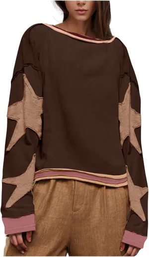 Women Oversize Sweatshirts Crewneck Long Sleeve Star Print Casual Loose Pullover Fall Fashion 2024 Clothes Tops