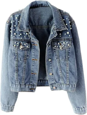 Women Oversized Denim Jacket Embroidered Pearls Beading Cropped Long Sleeve Boyfriend Jeans Coat