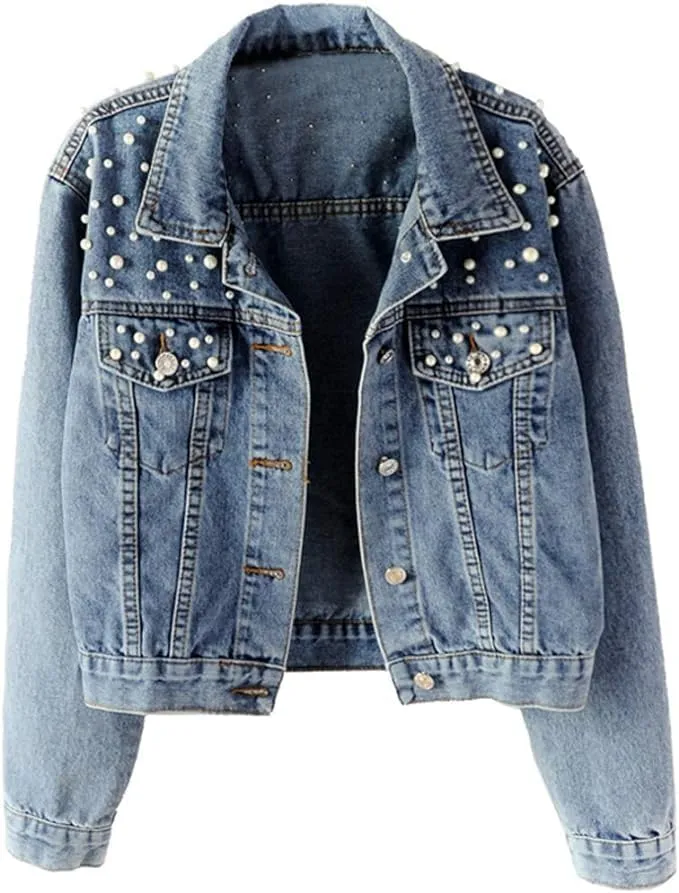 Women Oversized Denim Jacket Embroidered Pearls Beading Cropped Long Sleeve Boyfriend Jeans Coat
