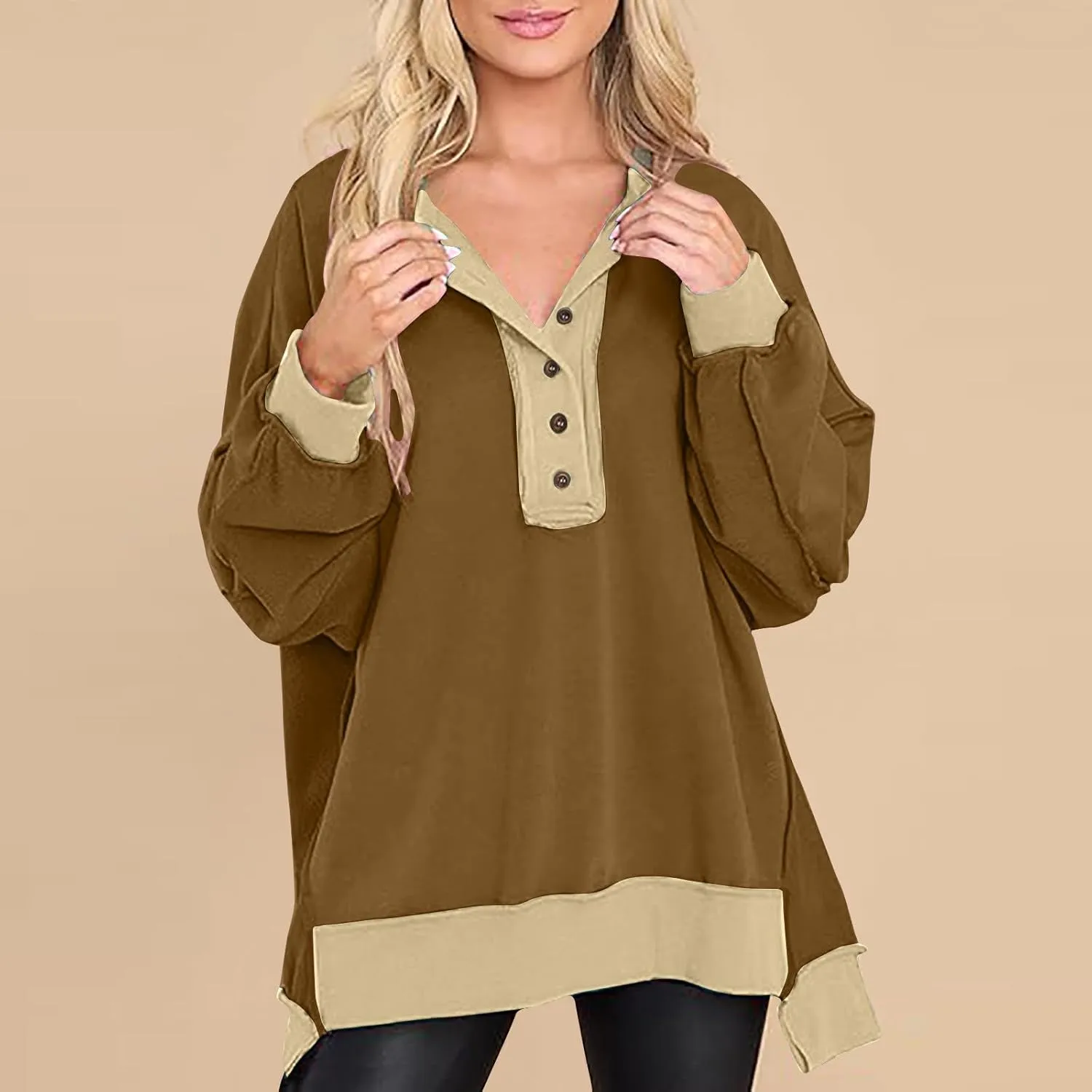Women Oversized Sweatshirt Tops Colors Block Cute Sweater Comfort Button Ncek Pullover 2024 Fall Fashion Clothing