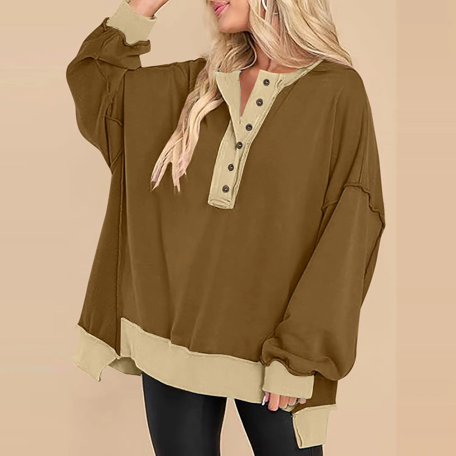 Women Oversized Sweatshirt Tops Colors Block Cute Sweater Comfort Button Ncek Pullover 2024 Fall Fashion Clothing
