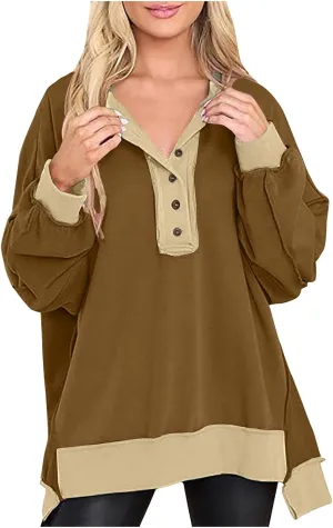 Women Oversized Sweatshirt Tops Colors Block Cute Sweater Comfort Button Ncek Pullover 2024 Fall Fashion Clothing