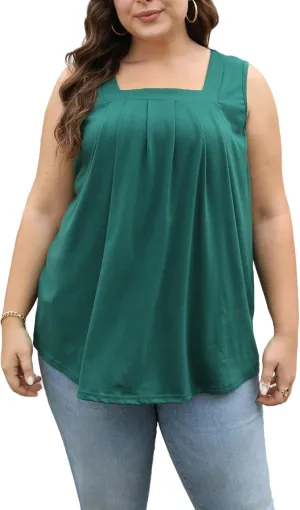 Women Plus Size Tank Tops Loose Fit Pleated Square Neck Sleeveless Flowy Shirts Blouses 1X-5X