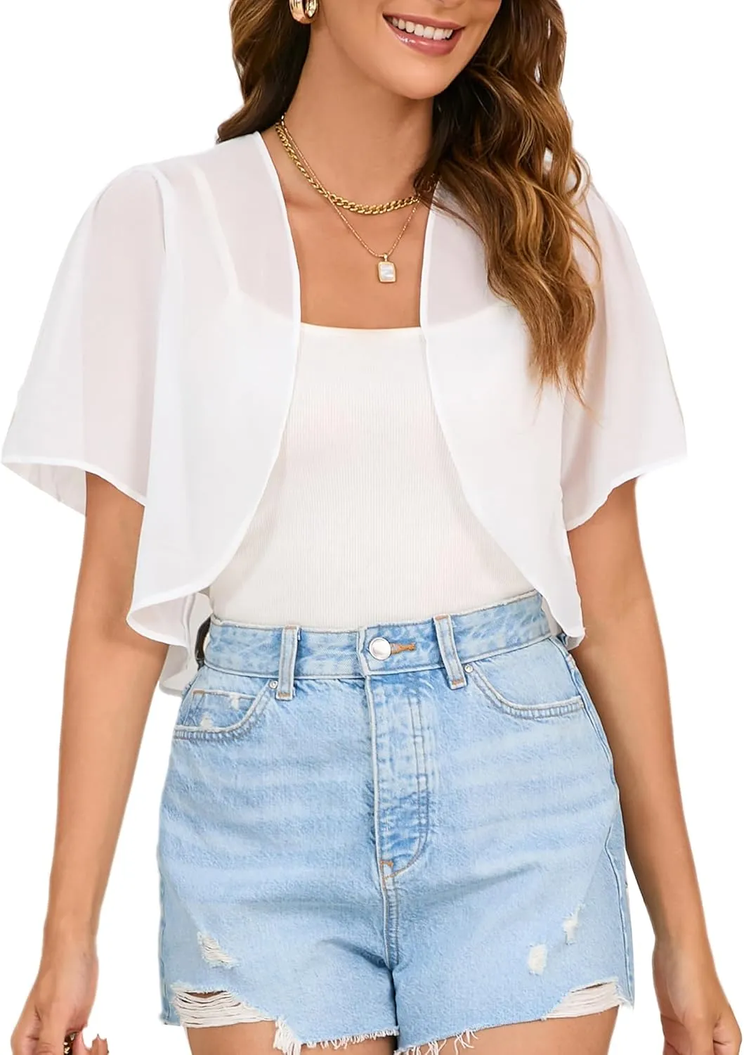 Women Shrug Chiffon Cropped Cardigans Short Sleeve Open Front Bolero for Evening Dresses