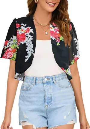 Women Shrug Chiffon Cropped Cardigans Short Sleeve Open Front Bolero for Evening Dresses