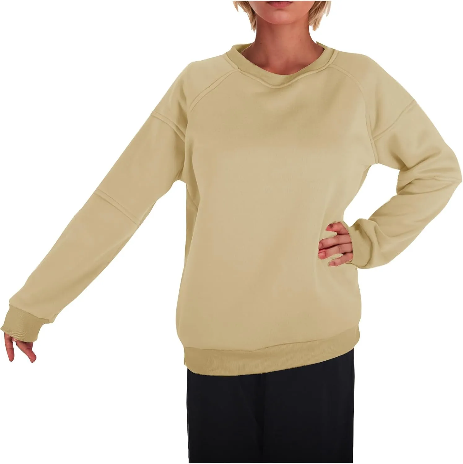 Women Solid Color Fashion Sweatshirts Round Neck Long Sleeve Hoodie Hooded Fleece Pullover Tops Fall Casual Blouses