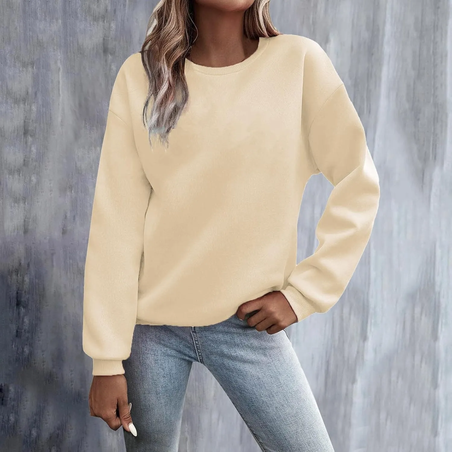 Women Solid Color Sweatshirt Long Sleeve Crewneck Pullover Fit Comfy Shirts Blouses 2025 Spring Fall Casual Tops