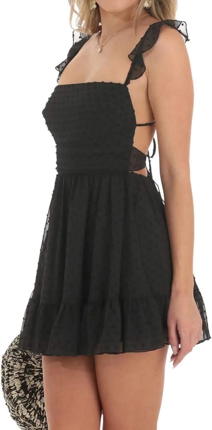 Women Spaghetti Strap Mini Dress Low Cut Sleeveeless Short Dress Backless Going Out Ruffle Cute Winter Dresses