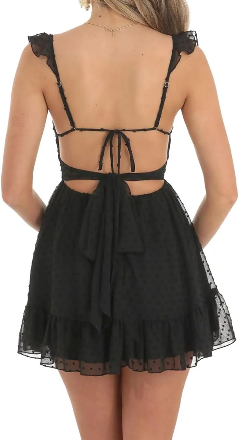 Women Spaghetti Strap Mini Dress Low Cut Sleeveeless Short Dress Backless Going Out Ruffle Cute Winter Dresses