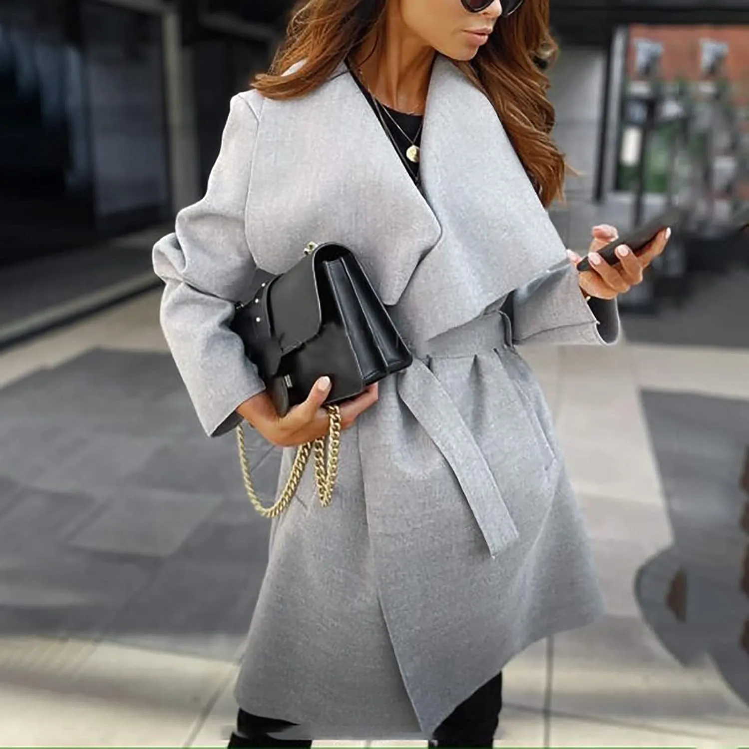 Women Trench Coat Women's Lapel Woolen Wrap Pea Coat Open Front Long Jacket Overcoat Outwear Cardigan Windbreaker