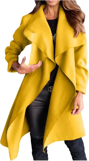 Women Trench Coat Women's Lapel Woolen Wrap Pea Coat Open Front Long Jacket Overcoat Outwear Cardigan Windbreaker