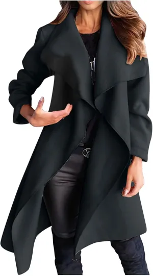 Women Trench Coat Women's Lapel Woolen Wrap Pea Coat Open Front Long Jacket Overcoat Outwear Cardigan Windbreaker