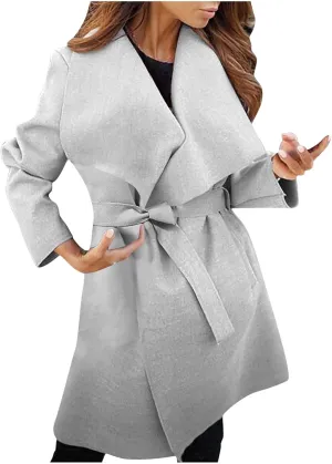 Women Trench Coat Women's Lapel Woolen Wrap Pea Coat Open Front Long Jacket Overcoat Outwear Cardigan Windbreaker