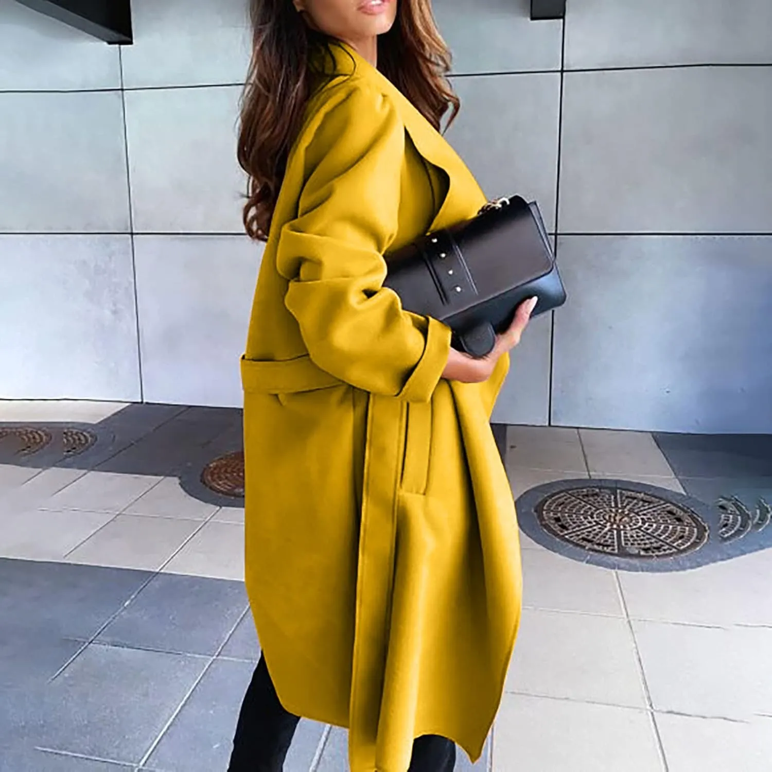 Women Trench Coat Women's Lapel Woolen Wrap Pea Coat Open Front Long Jacket Overcoat Outwear Cardigan Windbreaker