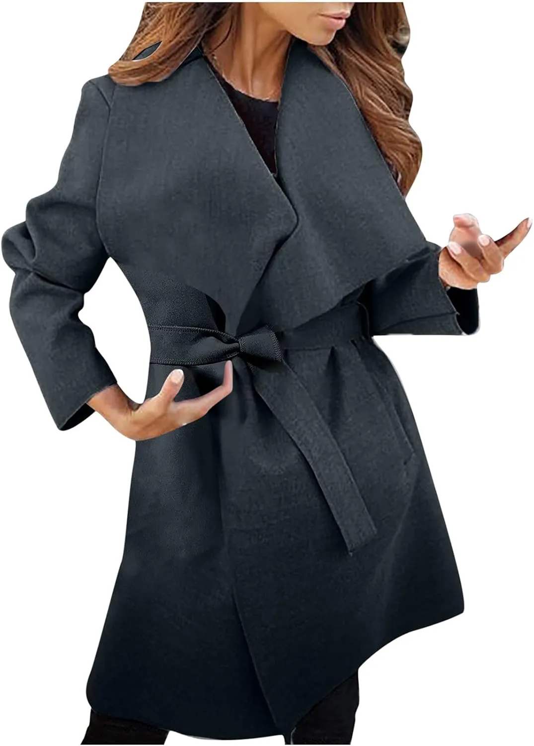 Women Trench Coat Women's Lapel Woolen Wrap Pea Coat Open Front Long Jacket Overcoat Outwear Cardigan Windbreaker
