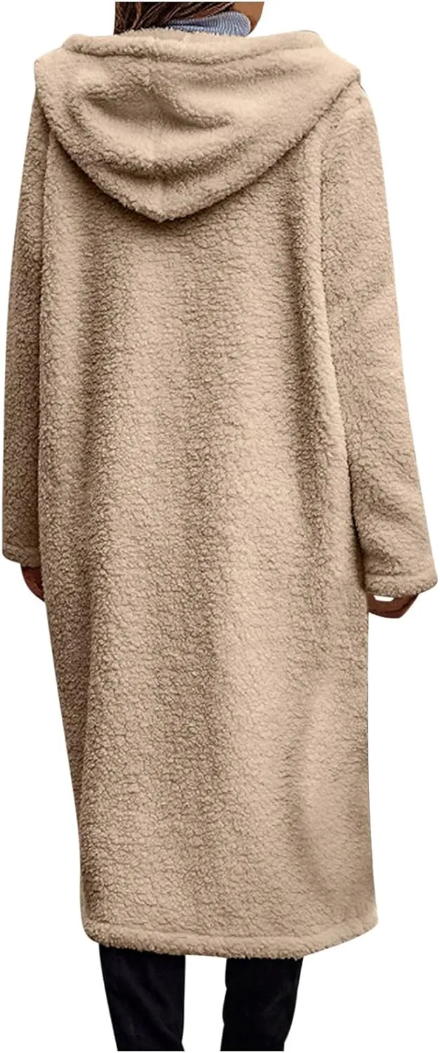 Women Winter Fuzzy Coat Warm Wool Fleece Trench Coat Fashion Faux Fur Long Peacoat Cute Fluffy Jackets with Hood