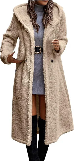 Women Winter Fuzzy Coat Warm Wool Fleece Trench Coat Fashion Faux Fur Long Peacoat Cute Fluffy Jackets with Hood