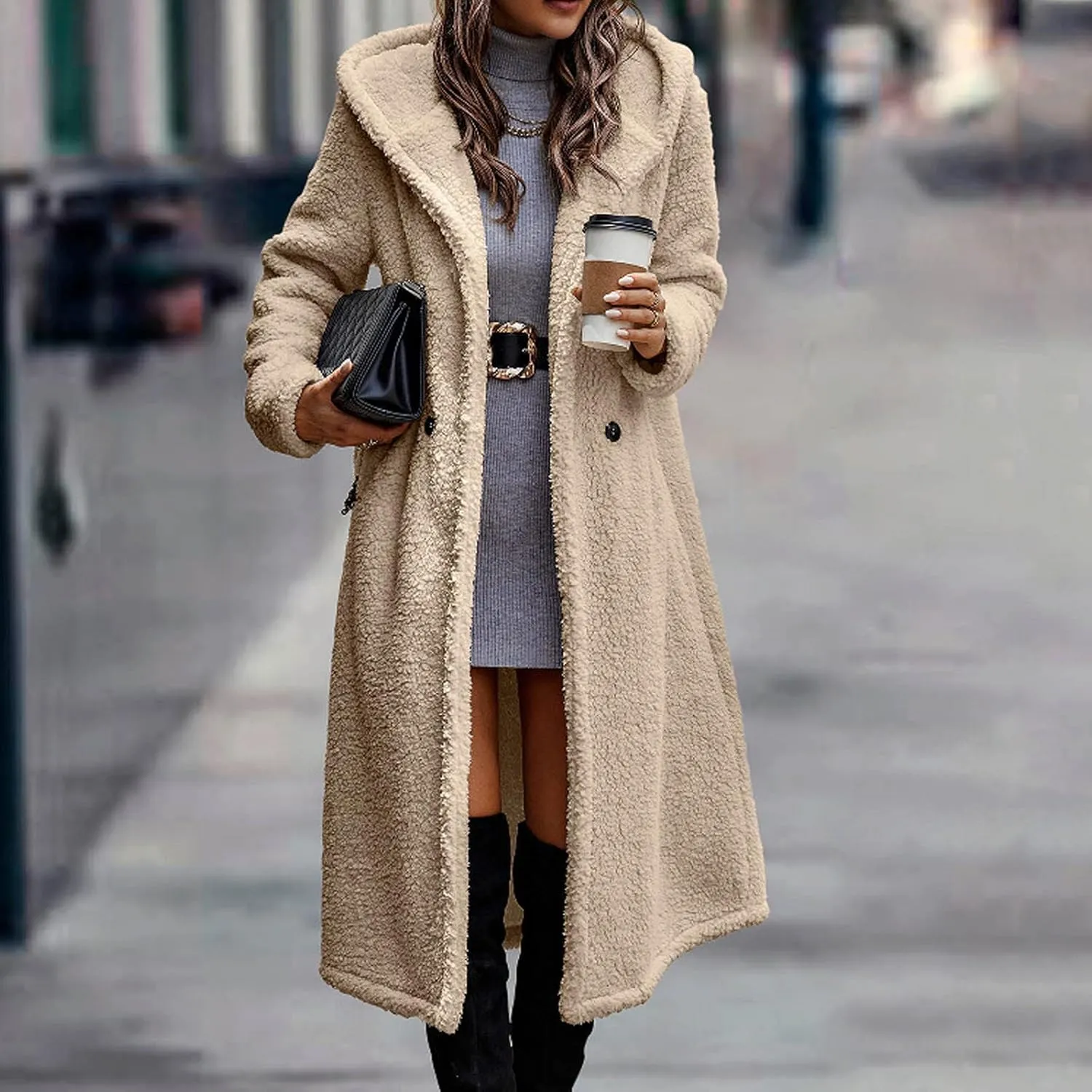 Women Winter Fuzzy Coat Warm Wool Fleece Trench Coat Fashion Faux Fur Long Peacoat Cute Fluffy Jackets with Hood