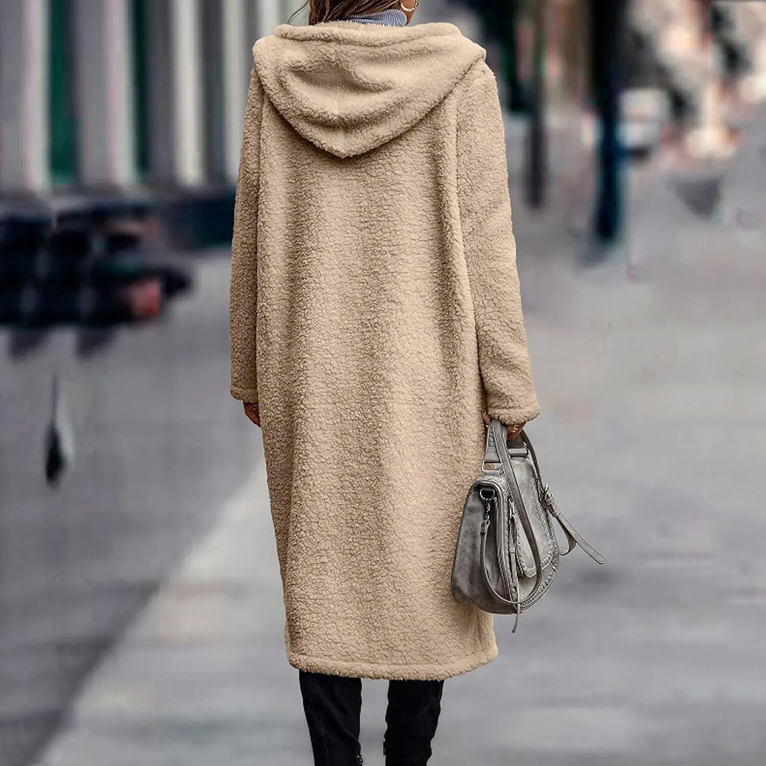 Women Winter Fuzzy Coat Warm Wool Fleece Trench Coat Fashion Faux Fur Long Peacoat Cute Fluffy Jackets with Hood