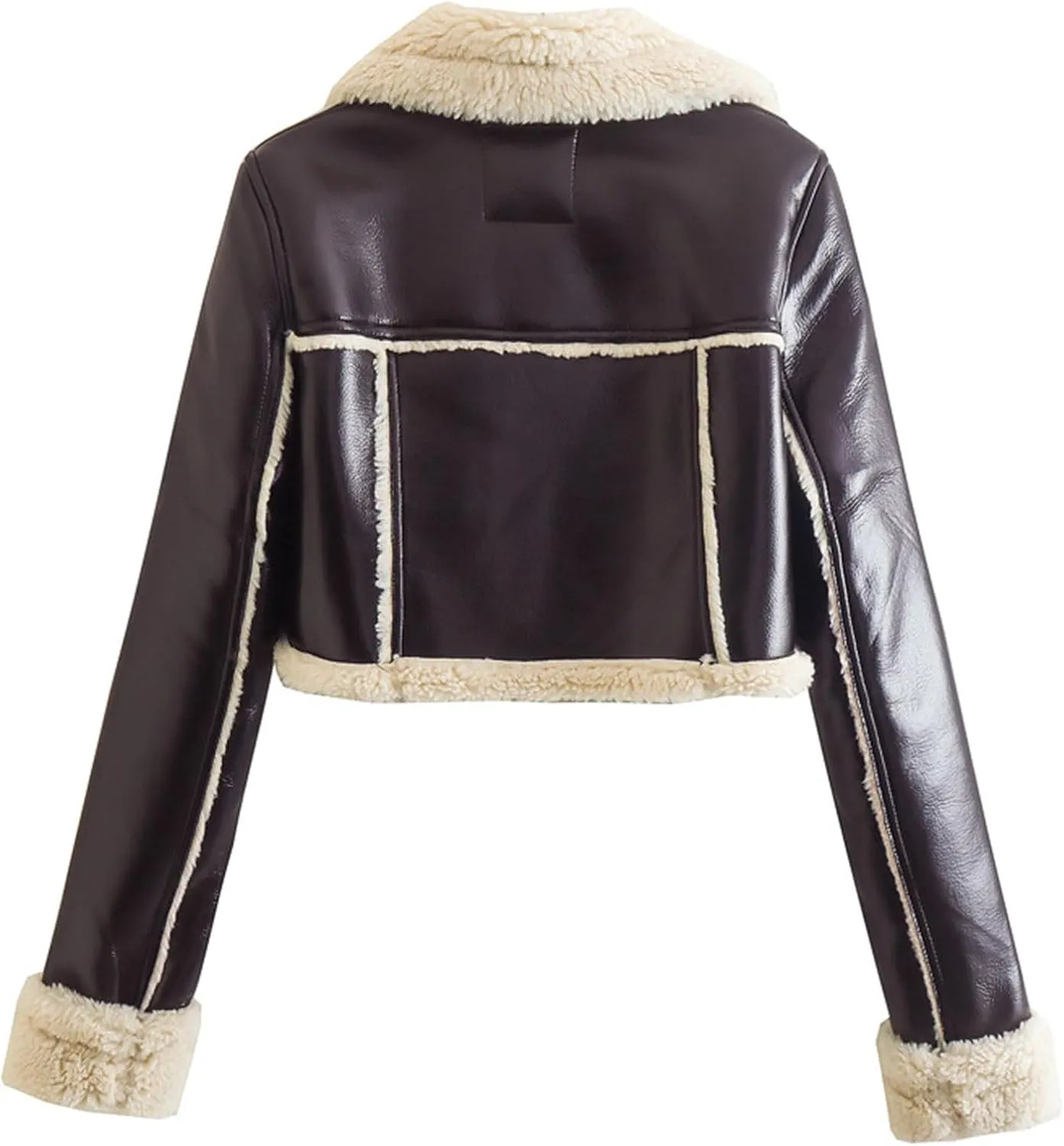 Women Winter Leather Jacket Thicken Fleece Lined Motorcycle Jacket Faux Fur Shearling Fluffy Coat Cropped Bomber Jacket
