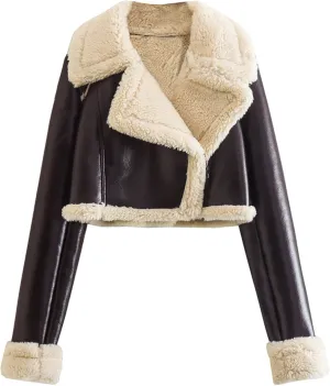 Women Winter Leather Jacket Thicken Fleece Lined Motorcycle Jacket Faux Fur Shearling Fluffy Coat Cropped Bomber Jacket