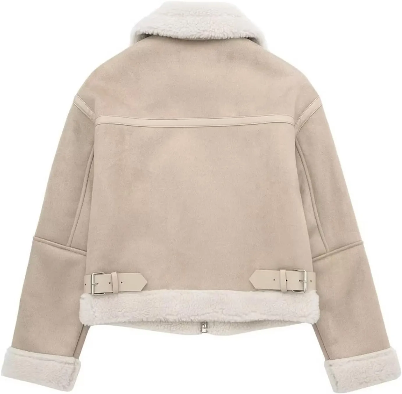 Women Winter Leather Jacket Thicken Fleece Lined Motorcycle Jacket Faux Fur Shearling Fluffy Coat Cropped Bomber Jacket