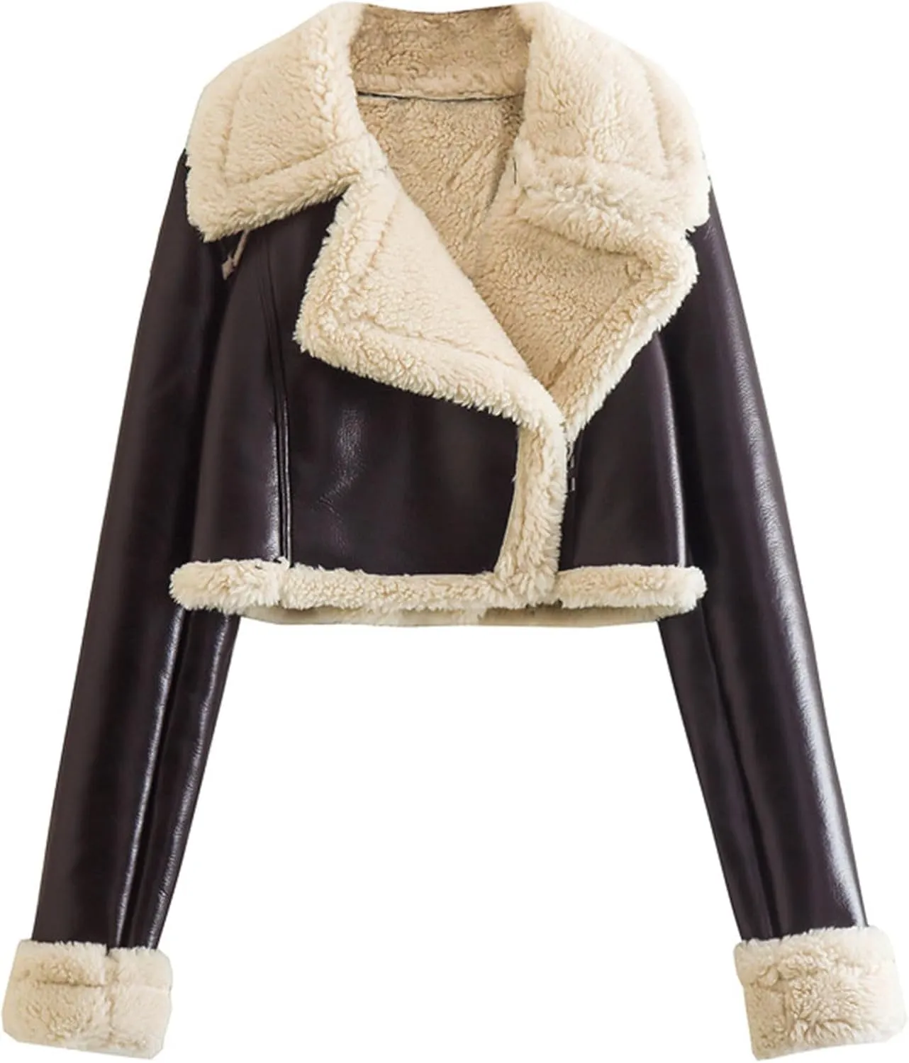 Women Winter Leather Jacket Thicken Fleece Lined Motorcycle Jacket Faux Fur Shearling Fluffy Coat Cropped Bomber Jacket