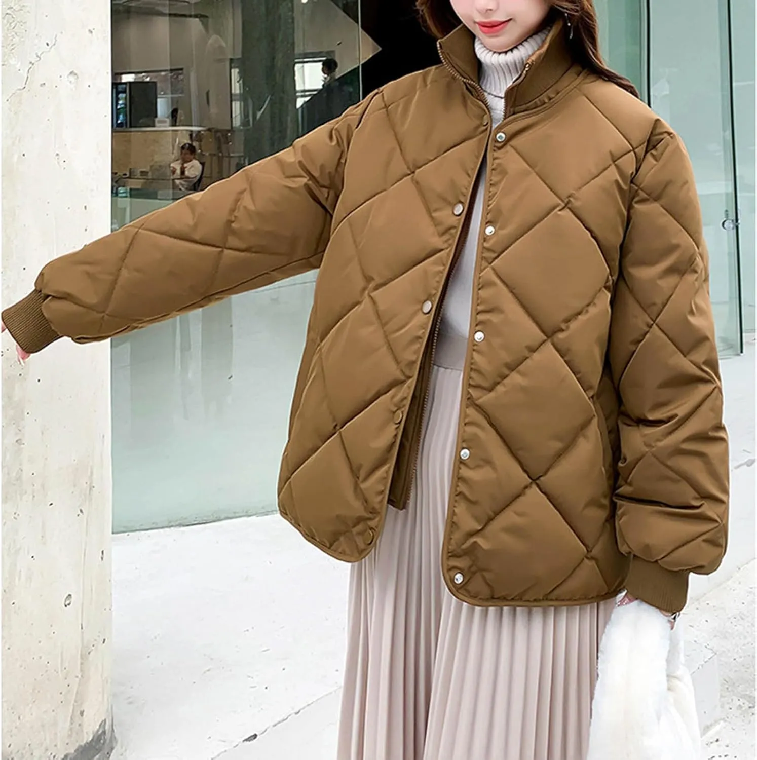 Women Winter Lightweight down Jacket Diamond Lattice Cotton-Padded Warm Packable Coats Ladies Casual Oversized Jacket