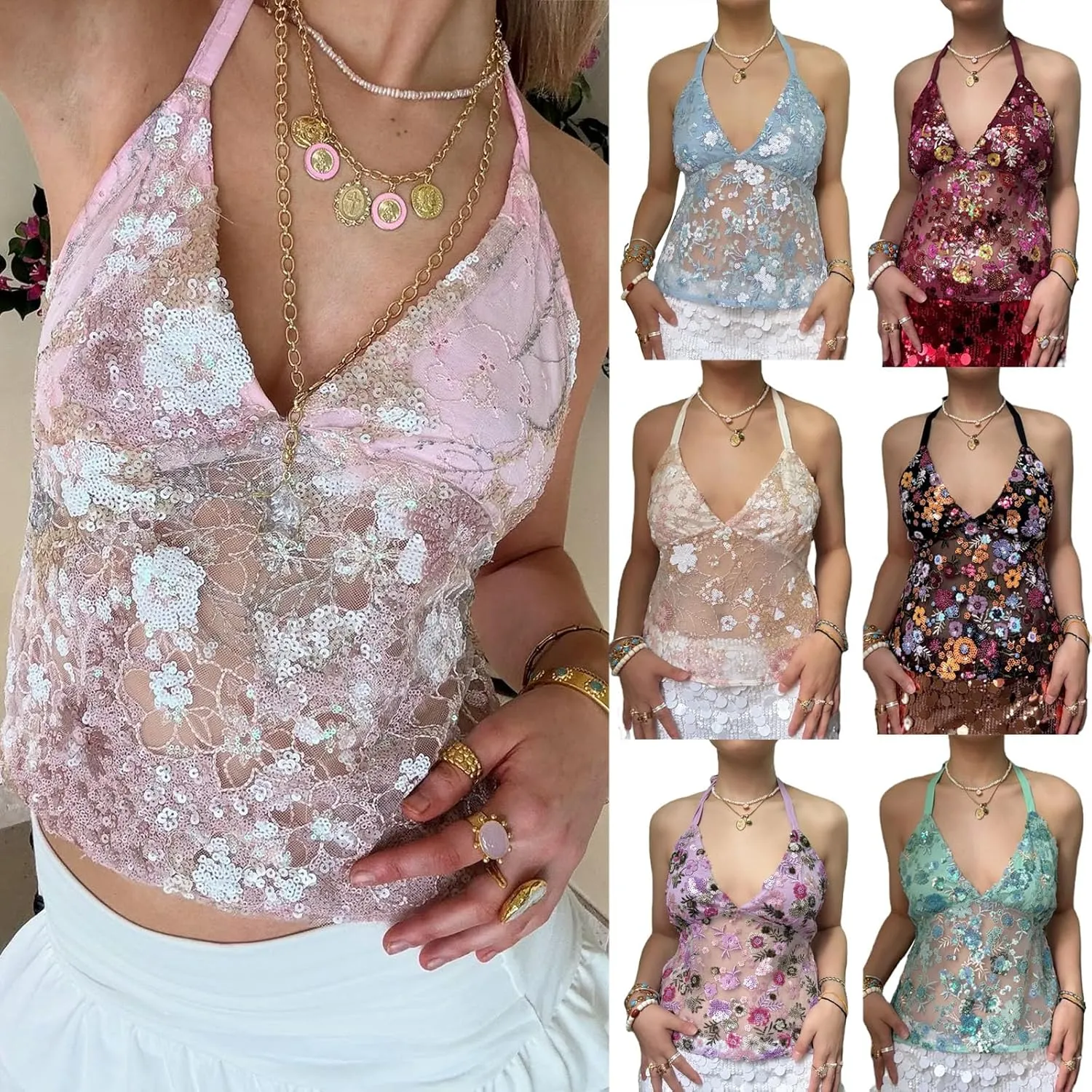 Women Y2k Glitter Sequin Cami Top Spaghetti Strap Backless Sparkle Camisole Sexy V Neck Going Out Tops Clubwear