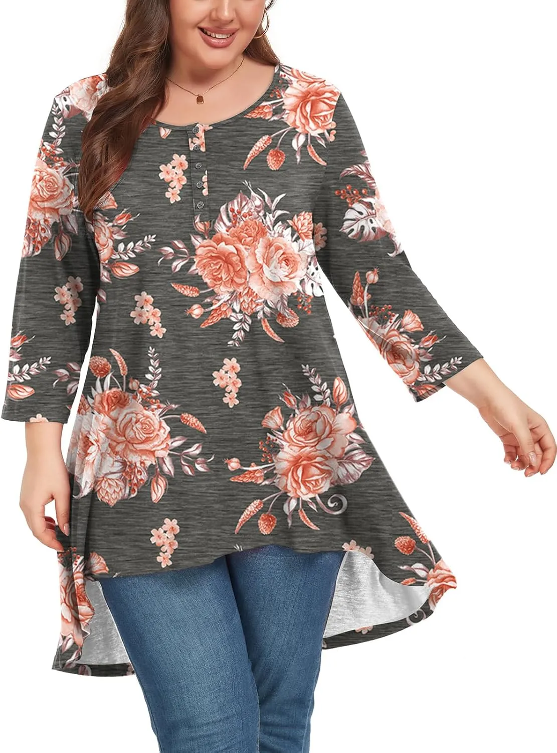Women's 3/4 Sleeve Plus Size Top Work Business Casual Tunic Shirts Henley Button up Blouses