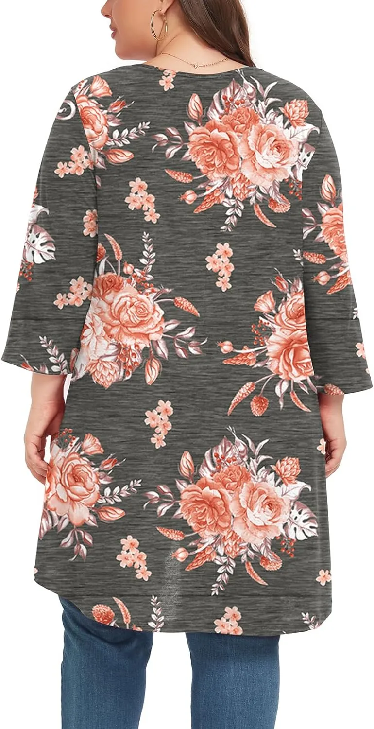 Women's 3/4 Sleeve Plus Size Top Work Business Casual Tunic Shirts Henley Button up Blouses