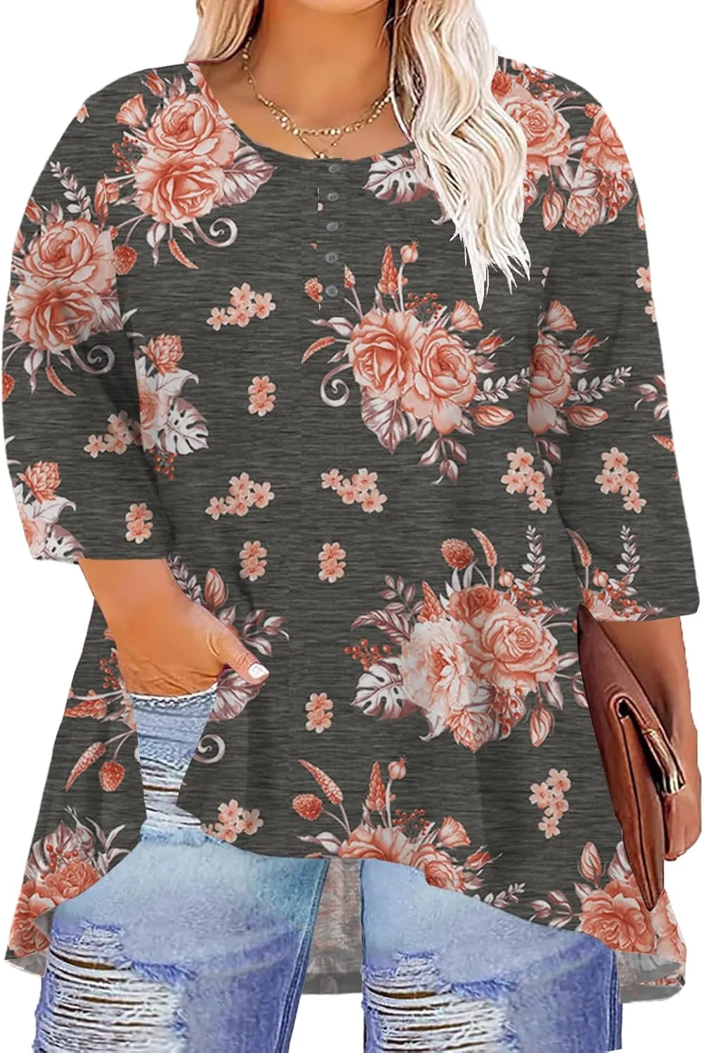 Women's 3/4 Sleeve Plus Size Top Work Business Casual Tunic Shirts Henley Button up Blouses