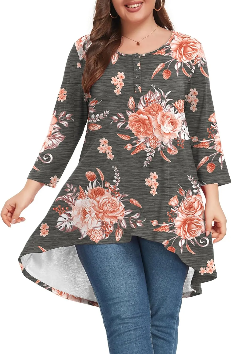 Women's 3/4 Sleeve Plus Size Top Work Business Casual Tunic Shirts Henley Button up Blouses