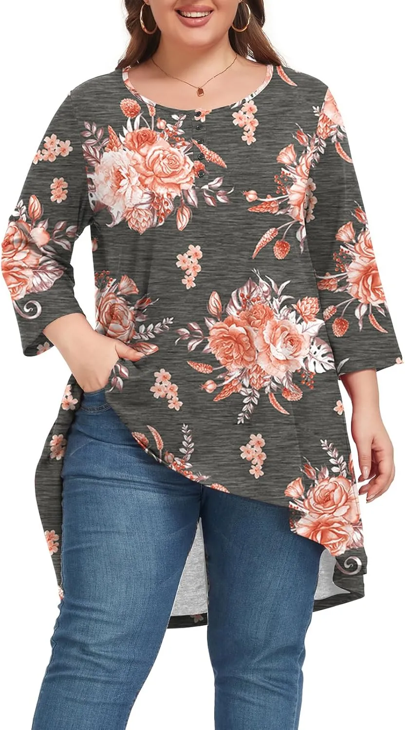 Women's 3/4 Sleeve Plus Size Top Work Business Casual Tunic Shirts Henley Button up Blouses