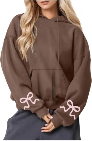 Women's Bow Print Hoodies Oversized Long Sleeve Hooded Sweatshirts Graphic Drop Shoulder Pullover Tops Y2K Clothing