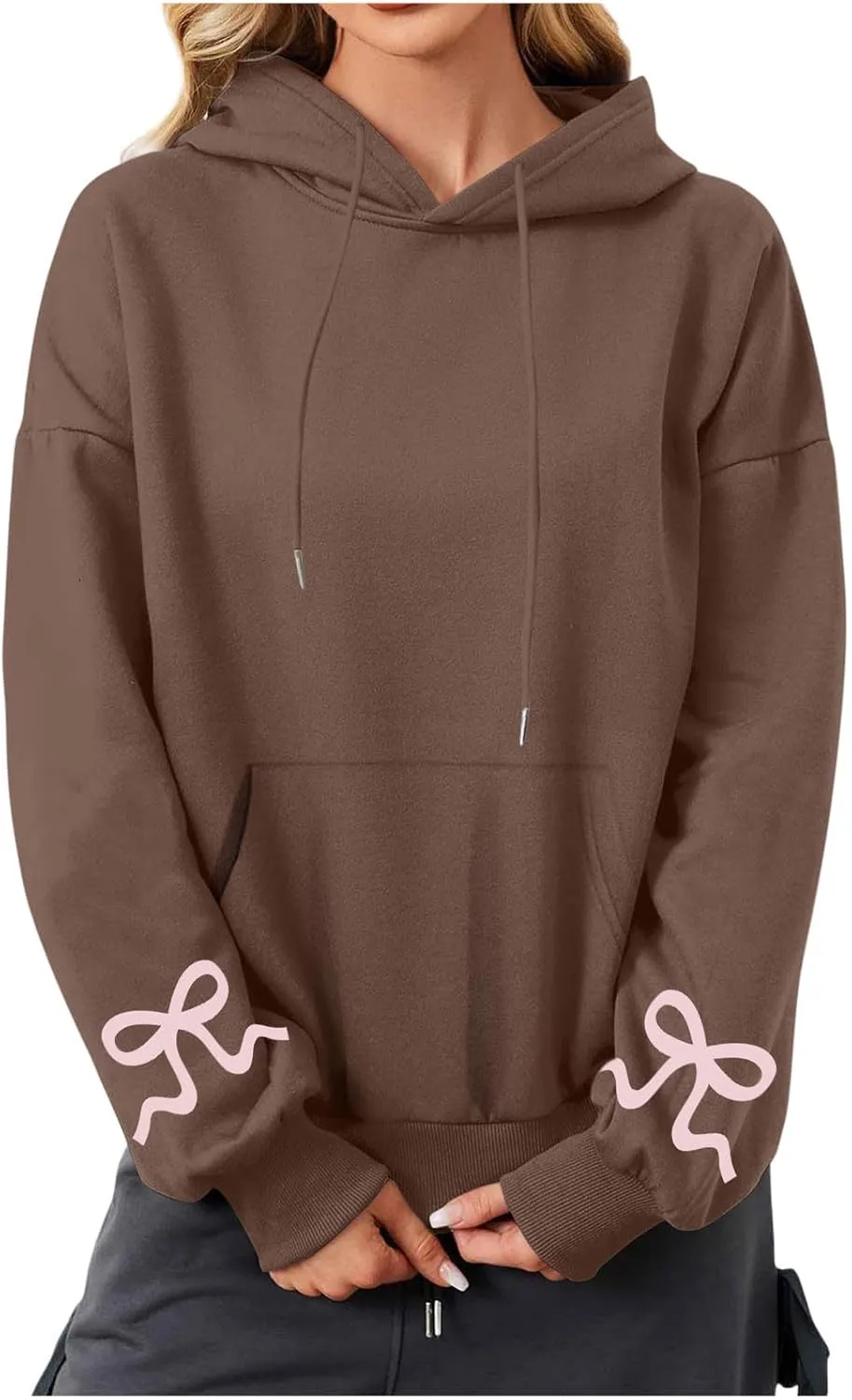 Women's Bow Print Hoodies Oversized Long Sleeve Hooded Sweatshirts Graphic Drop Shoulder Pullover Tops Y2K Clothing
