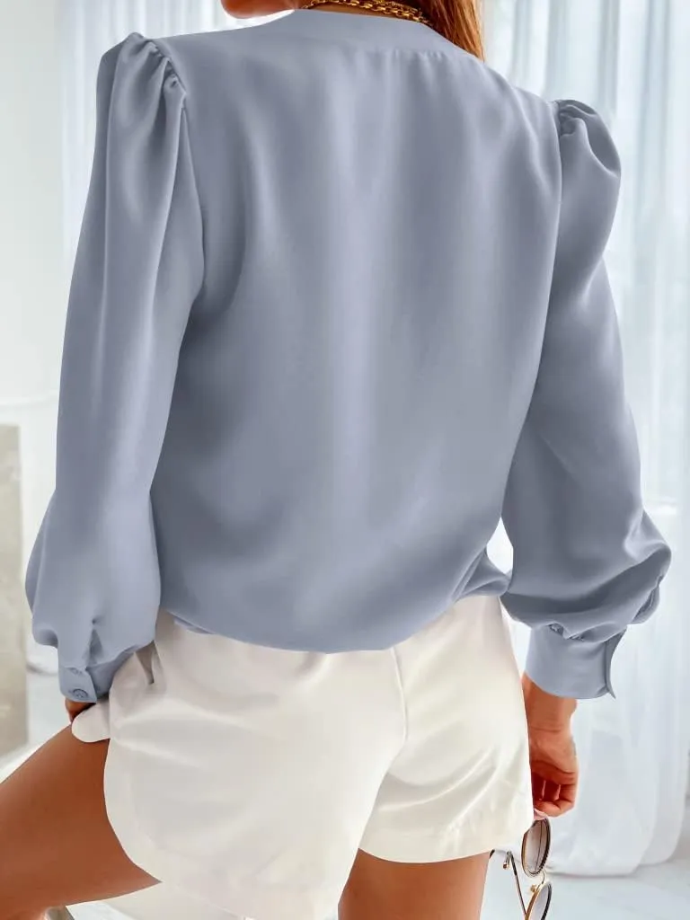 Women's Business Casual Tops Summer Long Sleeve Silk Button Down Shirts V Neck Chiffon Blouses