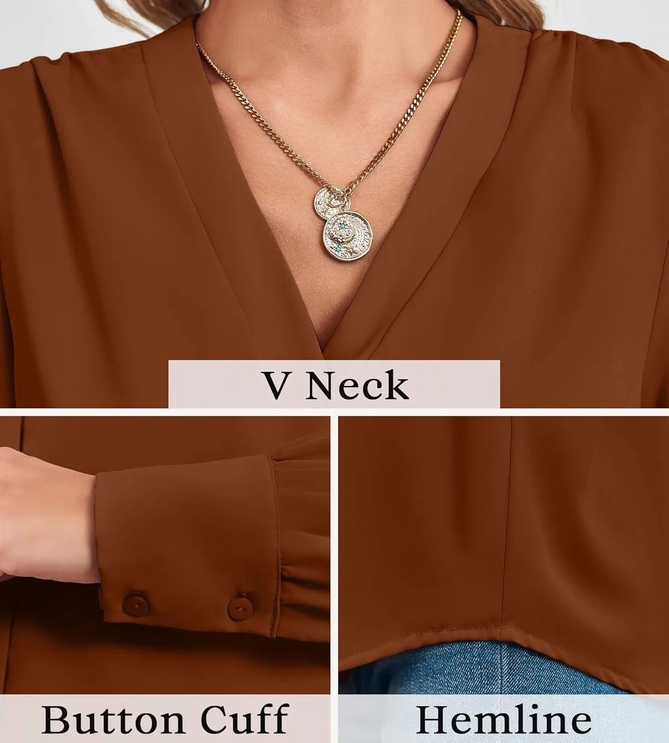 Women's Business Casual Tops Summer Long Sleeve Silk Button Down Shirts V Neck Chiffon Blouses