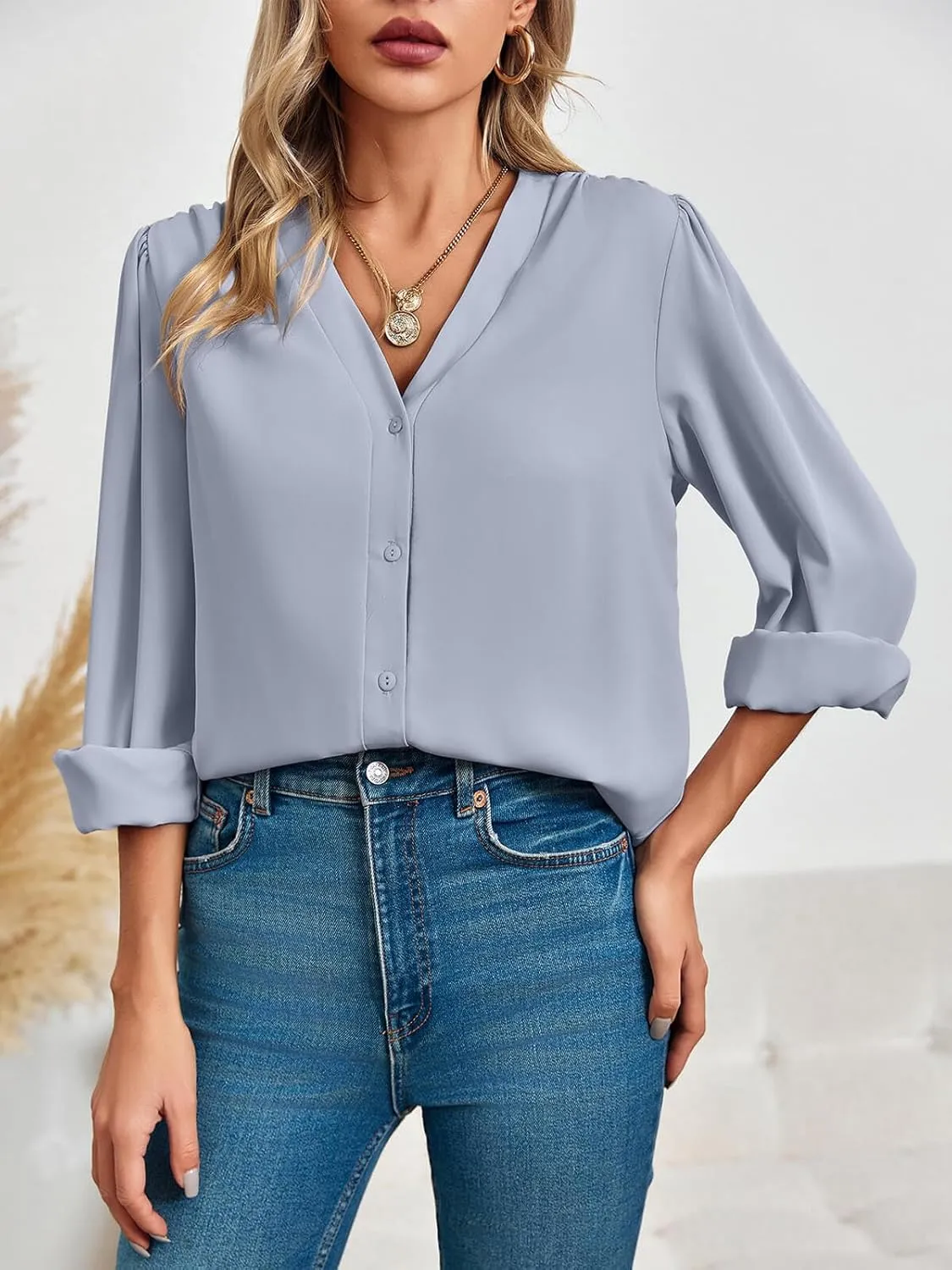 Women's Business Casual Tops Summer Long Sleeve Silk Button Down Shirts V Neck Chiffon Blouses