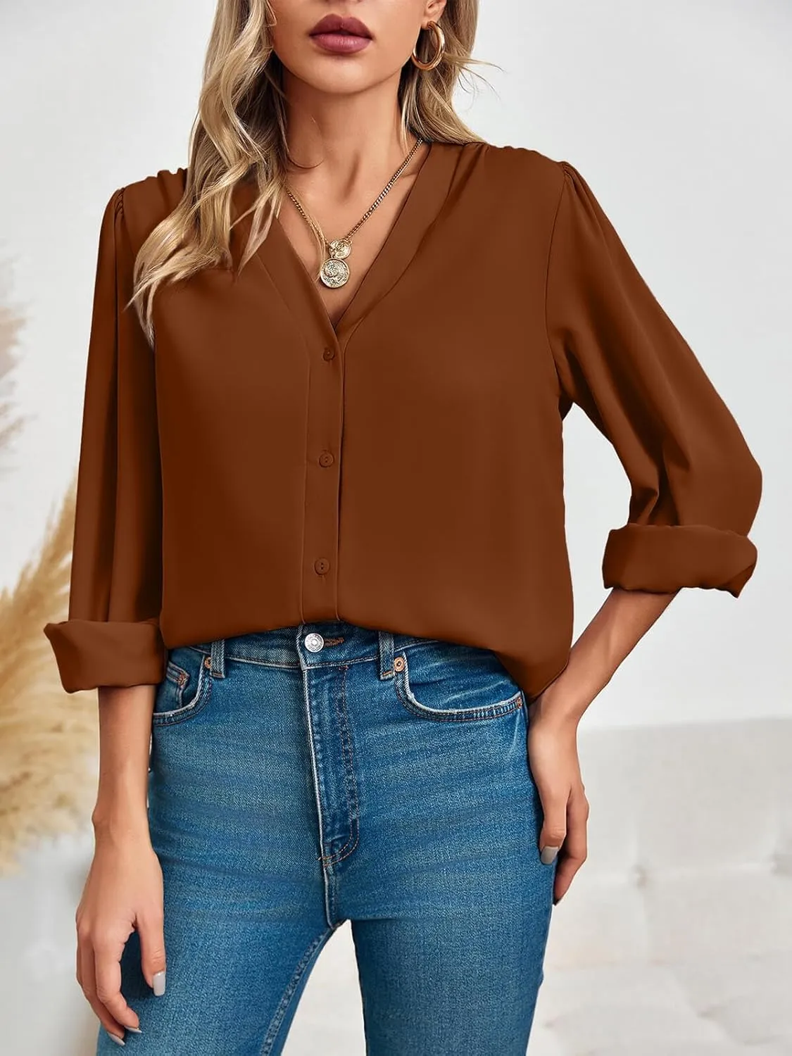 Women's Business Casual Tops Summer Long Sleeve Silk Button Down Shirts V Neck Chiffon Blouses
