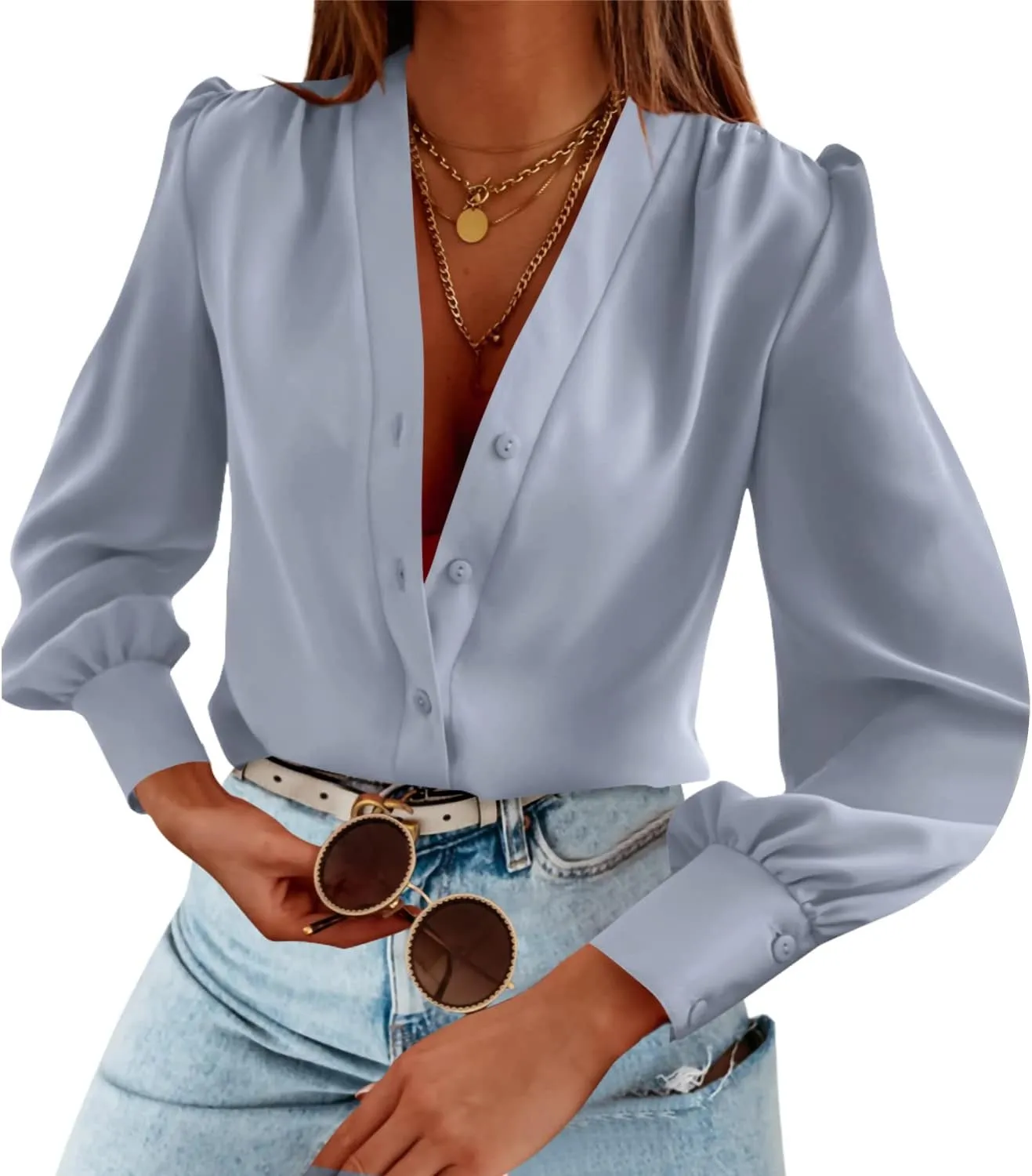 Women's Business Casual Tops Summer Long Sleeve Silk Button Down Shirts V Neck Chiffon Blouses