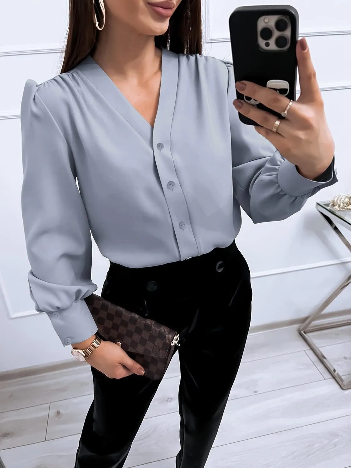 Women's Business Casual Tops Summer Long Sleeve Silk Button Down Shirts V Neck Chiffon Blouses