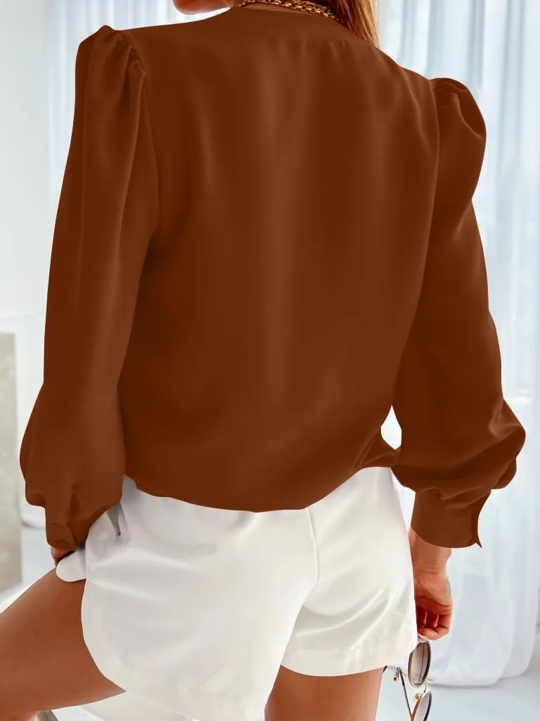 Women's Business Casual Tops Summer Long Sleeve Silk Button Down Shirts V Neck Chiffon Blouses